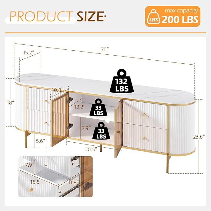 Luxury 70" Fluted TV Stand for TVs Up to 75", Modern Entertainment Center with Faux Marble Top, Media Console with Curved Profile Design, Television Stands for Living Room, White