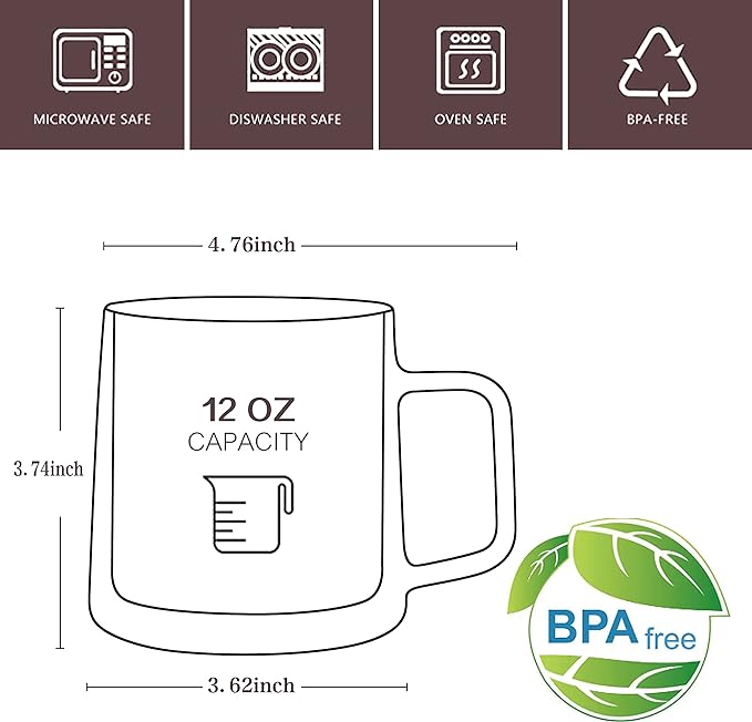 CNGLASS 12oz Glass Coffee Mugs,Double Wall Insulated Glass Cups with Handle,Clear Espresso Mugs for Latte,Cappuccino,Tea Bag,Set of 4