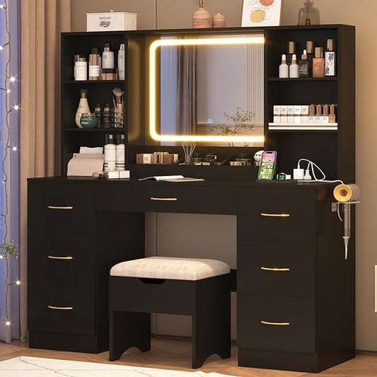 47 inch Large Vanity Desk w/ 7 Drawers,Cushion Stool,Outlet,6 Shelves,Black Make up Vanity Table Set 3 Lighting Modes Brightness for Bedroom Dressing Room
