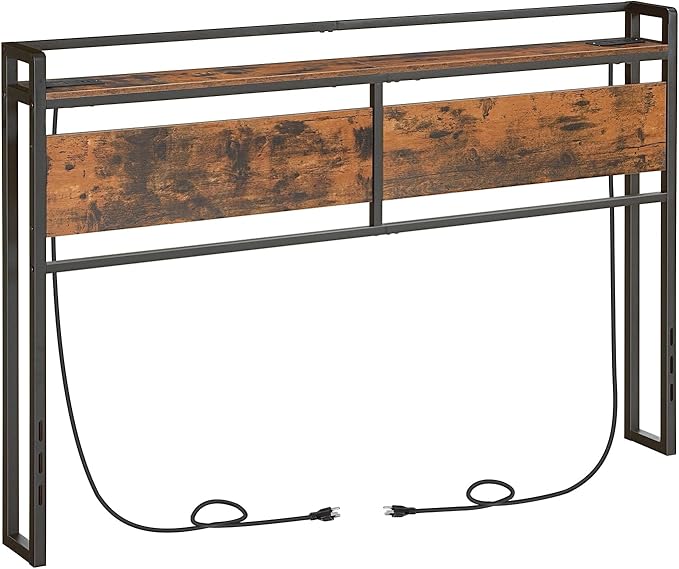 HOOBRO Headboard Queen Size, Headboard with 2 Outlets and 4 USB Ports, Adjustable Height, Storage Rack, Sturdy and Stable, Easy Assembly, Rustic Brown and Black