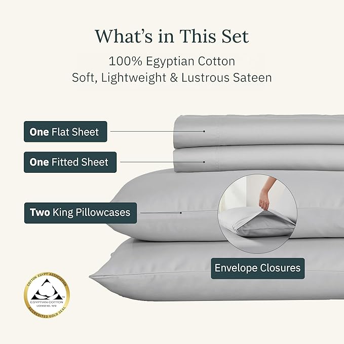 California Design Den Certified Luxury 100% Egyptian Cotton Sheets King Size Bed Set - Soft Sateen, Cooling Sheets with Deep Pockets, Cool and Durable Bedding Set - Light Grey