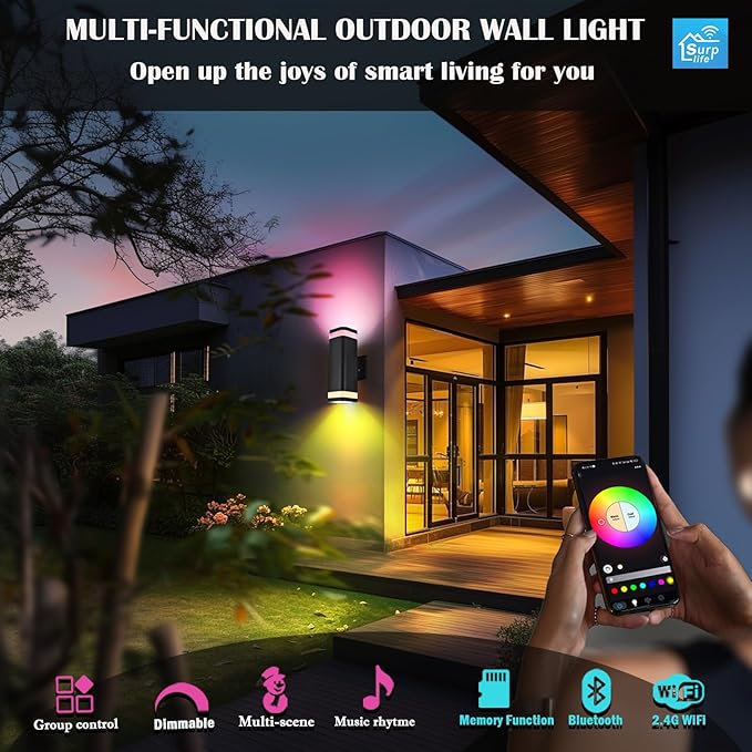 RGB Outdoor Wall Lights Outside Lighting 2 Pack, Square Black Outdoor Light Fixtures Wall Mount, Color Changing Up Down Wall Sconce, IP65 Porch Lights,Modern Exterior Lights for House