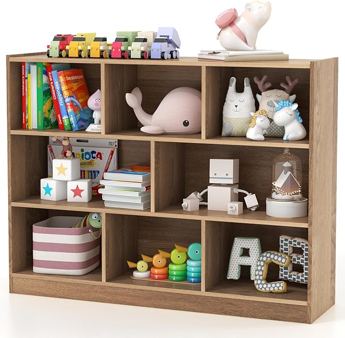 Toy Storage Organizer, 3-Tier Kids Bookshelf, 8 Cube Kids' Bookcases, Cabinets & Shelves, Wooden Toy Organizers, Small Book Shelf for Bedroom, Playroom, Classroom, Nursery (Natural)