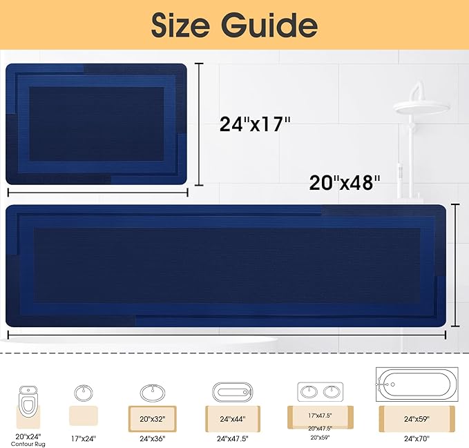 Ultra Thin Bath Mats Fit Under Door 2 piece, Upgrade Backing Non Slip Bath Mat, Quick Dry absorbent Bath Mat, Machine Washable Bathroom Rugs for Bathroom, Bathtub, Kitchen, Dark Blue, 24"x17"+48"x20"