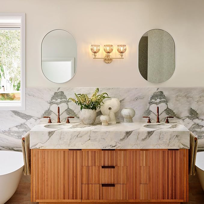 Bathroom Light Fixtures, 3-Light Brass Vanity Wall Light Over Mirror with Amber Tulip Glass Shade for Bedroom Living Room