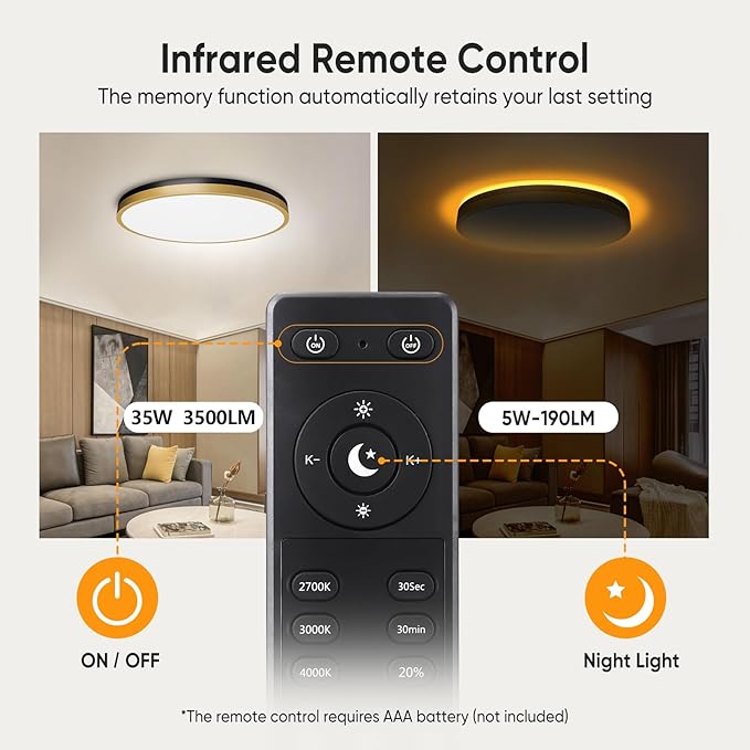 15 Inch Flush Mount Ceiling Light with Remote Control & Night Light, 5CCT Dimmable Ceiling Light Fixture, 35W 3500LM 2700K-6500K Adjustable LED Ceiling Lights for Bedroom Kitchen Living Room
