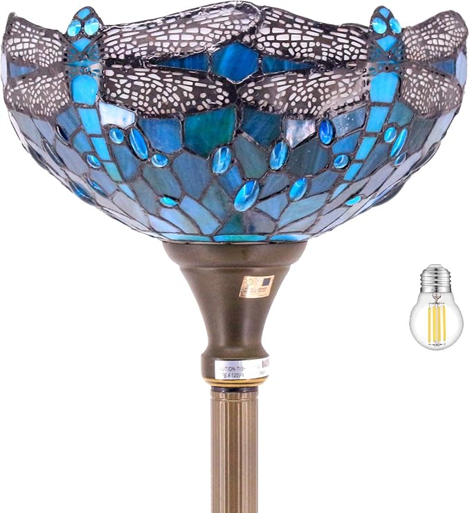 WERFACTORY Tiffany Floor Lamp Green Stained Glass Dragonfly Light 12X12X66 Inches Pole Torchiere Standing Corner Torch Uplight Decor Bedroom Living Room Home Office S622 Series (B)