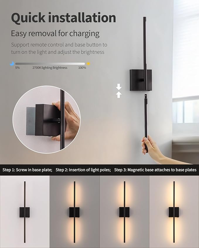 KDG Cordless Wall Sconces Set of 2, Wireless 7000mAh Rechargeable Battery Operated LED Wall Lamps with Remote, 360° Rotate Lightings for Wall Painting, Bedroom, Hallway, Night Light 31.5 inch (Black)