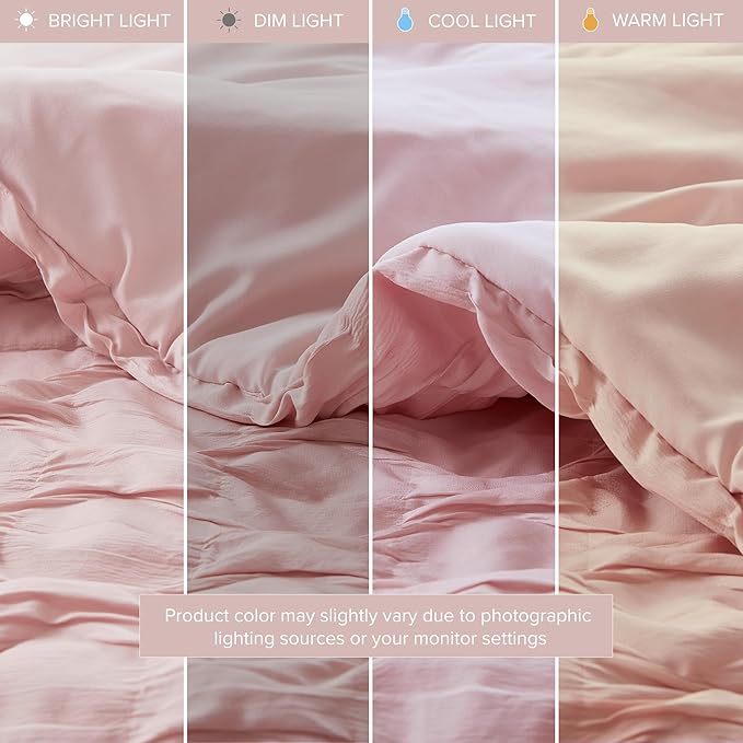 Comfort Spaces Comforter for Queen Size Bed, Ogee Ruched with Crinkle Texture, Breathable Comforter Set Queen, All Season Lightweight Bedding Set, Shams, Décor Pilow, Full/Queen Pink 4 Piece