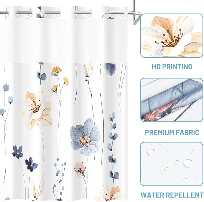No Hook Shower Curtain with Snap in Liner - Watercolor Floral Shower Curtain - Fabric Waterproof Inner Liner, Plants Blue Beige Flowers White Cloth Shower Curtains Washable, 71 x 77 Inch