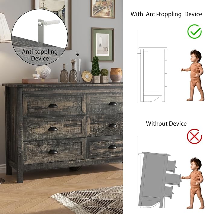 Wananlanen® Farmhouse Dresser for Bedroom, Wooden Tall Rustic Dresser for Bedroom, Hallway (Dark Oak, 6 Drawer)