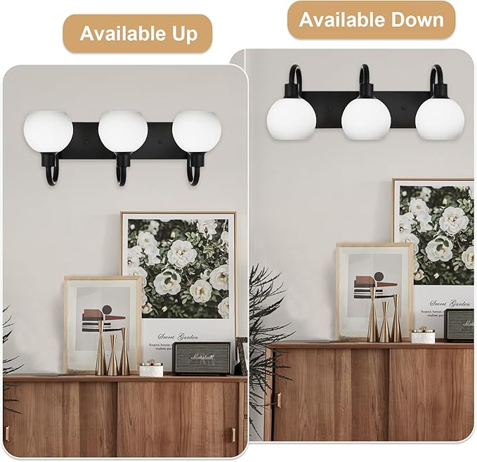 20.4 Inch Bathroom Vanity Light, 3-Light Black Vanity Lighting Fixture Over Mirror, Modern Wall Mounted Lamp with Milk White Globe Glass Shade