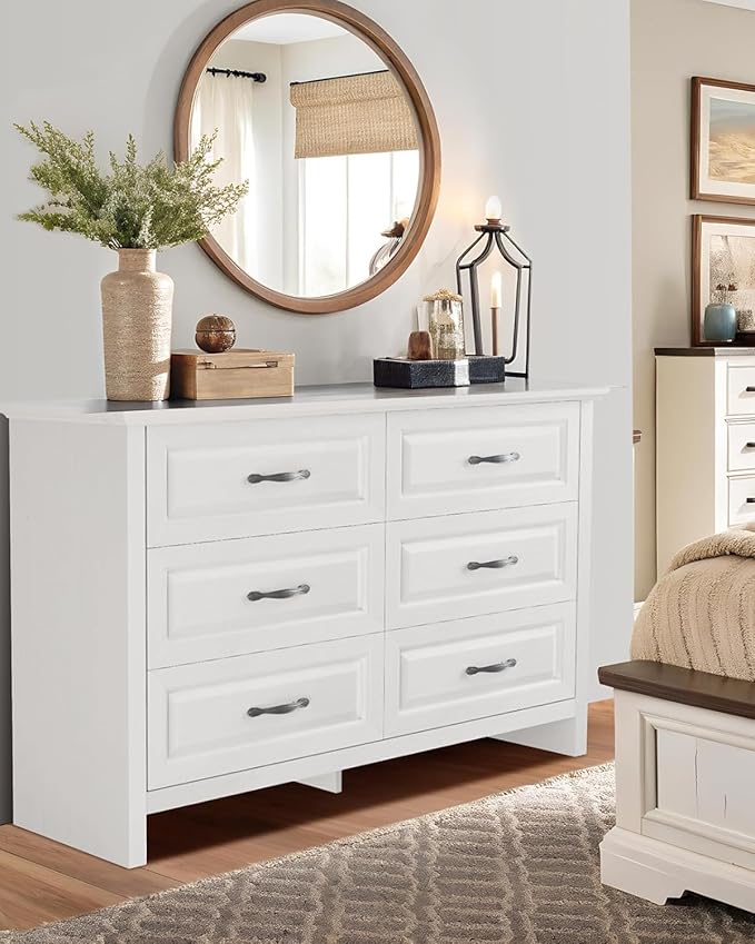 Pipishell White 6 Drawer Dresser for Bedroom, 47" Wide Wood Chest of Drawers with Bar Handles, Modern Storage Dresser Organizer for Bedroom, Living Room, Hallway, White