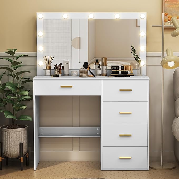 Vanity Desk with Mirror and Lights, Dressing Table with Drawers, 3 Colors Lighting Adjustable Brightness, Makeup Table with Large Mirror for Girls, Women