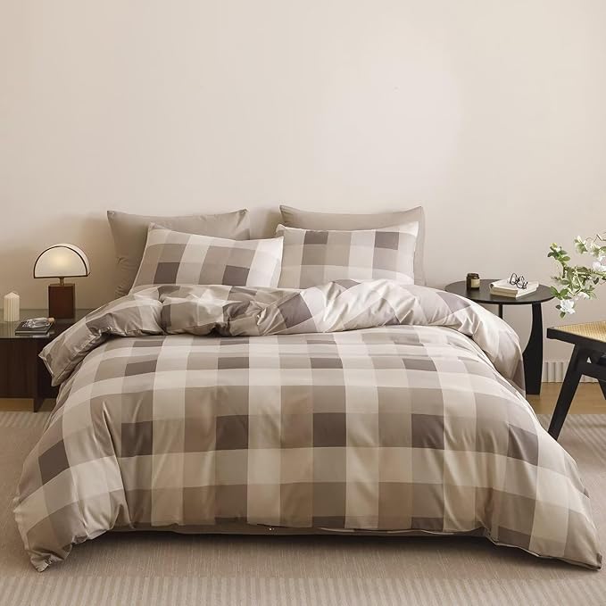 Luxlovery Checkered Khaki Beige Comforter Set King Gingham Bedding SetWomen Men Bedding Grid Bedding Set Fluffy Soft Cottagecore Khaki and Cream Coffee Blanket Quilts with 2 Pillowcases King Bed