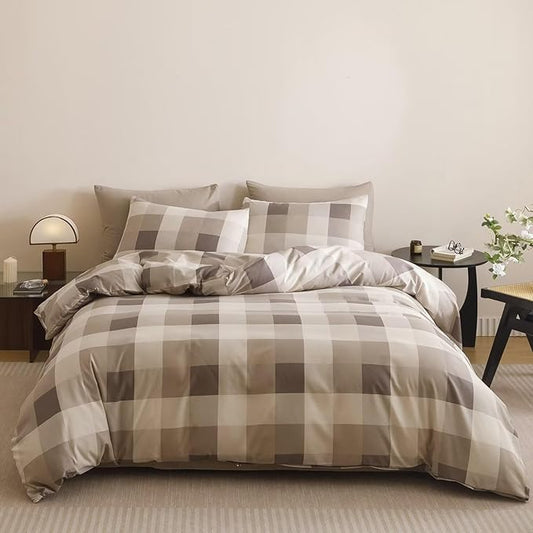 Luxlovery Gingham Khaki Comforter Set Queen Checkered Bedding SetWomen Men Bedding Grid Bedding Set Fluffy Soft Cottagecore Khaki and Cream Coffee Blanket Quilts with 2 Pillowcases