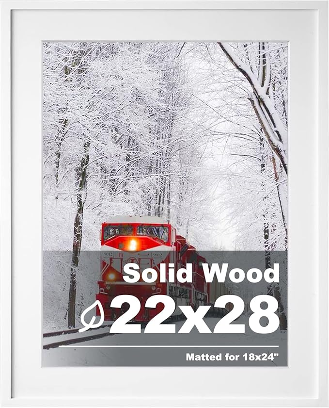 Egofine 22x28 Solid Wood Picture Frame, Made of Solid Wood Covered by Plexiglass 18x24 with Mat 22x28 without Mat, Poster Frame for Wall Mounting Hanging Photo Frame Vertically or Horizontally, White