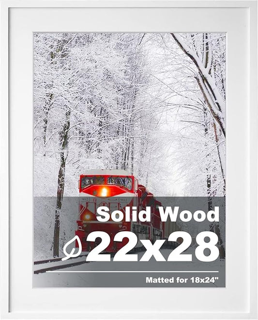 Egofine 22x28 Solid Wood Picture Frame, Made of Solid Wood Covered by Plexiglass 18x24 with Mat 22x28 without Mat, Poster Frame for Wall Mounting Hanging Photo Frame Vertically or Horizontally, White