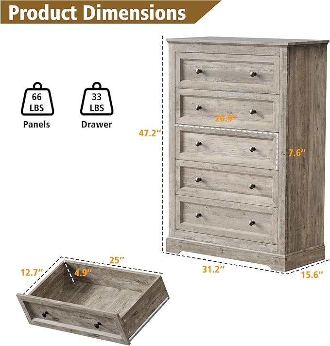 Farmhouse Dresser 5 Drawer, Bedroom Chest of Drawers, Dressers with 5 Drawers, Wooden Dressers for Bedroom, Living Room, Tv Stand, Entryway (Grey-5 Drawers)