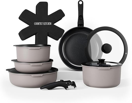Country Kitchen Cookware Set with Removable Handle, Oven & RV Safe Pots and Pans Set, Grey/Black, Original