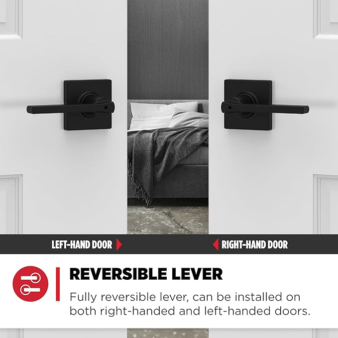 Kwikset Casey Interior Privacy Door Handle with Lock, Door Lever for Bathroom and Bedroom, Matte Black Reversible Keyless Turn Lock, with Microban Protection (Pack of 2)