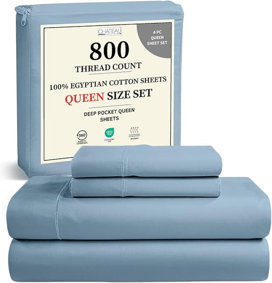 100% Egyptian Cotton Sheets Queen Size Set, 800 TC Deep Pocket Queen Sheets Set, Soft Breathable Sateen Weave 4 PC Elasticated Sheet & Pillowcase Sets, No Pill & Shrink, Fade Resistant- French Blue