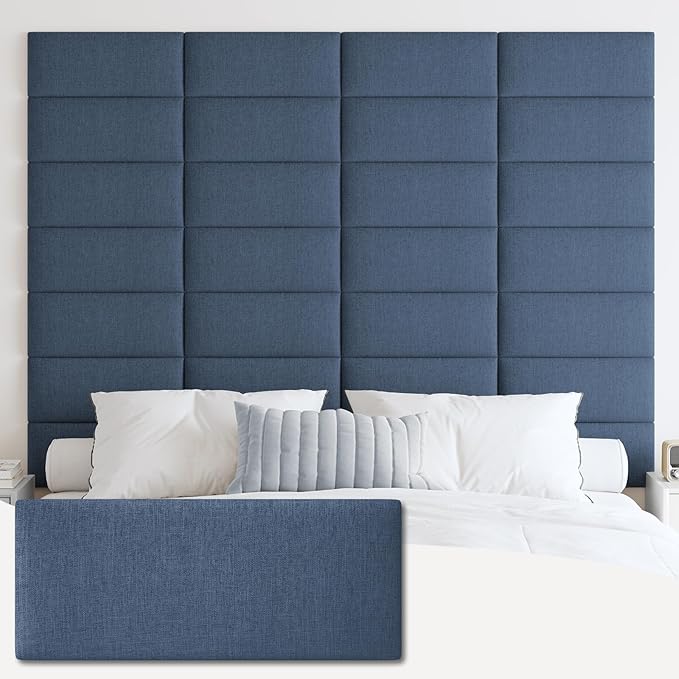 IFNOW Upholstered Wall Mounted Headboard, 3D Soundproof Wall Panels Peel and Stick, Reusable and Removable Tufted Bed Headboard in Blue (12 Panels, 10" x 24")