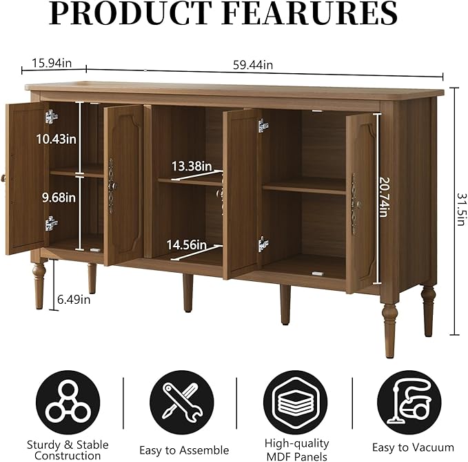 Vintage Buffet Sideboard Cabinet with 4 Doors, 59" Mid Century Modern Storage Cabinet with Shelf, Decorative Accent Credenza TV Stand (Brown)
