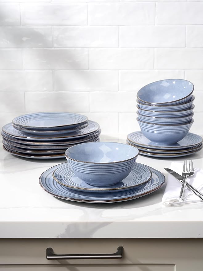 Famiware Plates and Bowls Sets 24-Piece Stoneware Dinnerware Sets, Dishes Set for 8, Hand-made Reactive Glaze Dish Set, Twilight Series, Blue