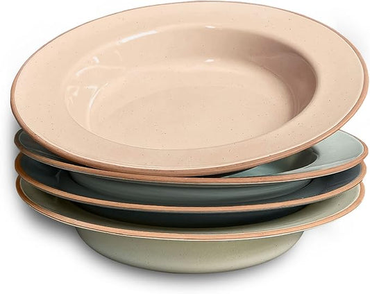 Mora Ceramic Wide Rimmed Soup Bowl 25oz, Set of 4 - For Pasta, Italian, Spaghetti, Dipping Bread, Fancy Dinner etc. Large Plate/Bowls Hybrid For Everyday & Restaurant Use, Flat Rim - Assorted Neutrals