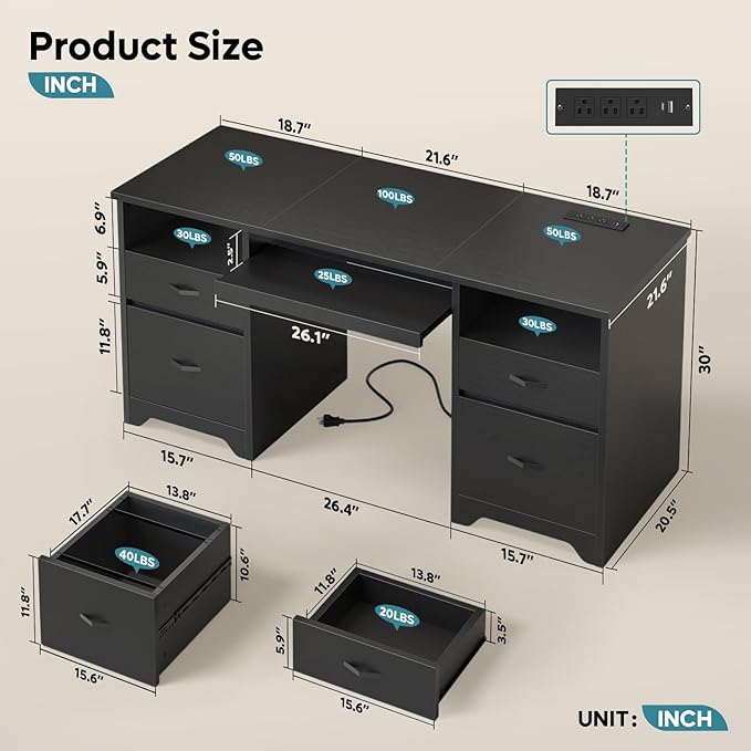 Bestier 59” Computer Desk with 4 Drawers, Office Desk with Storage, Modern Executive Desk with Charging Station, Keyboard Tray & Wooden Pedestals on Both Sides for Home Office & Studio, Black