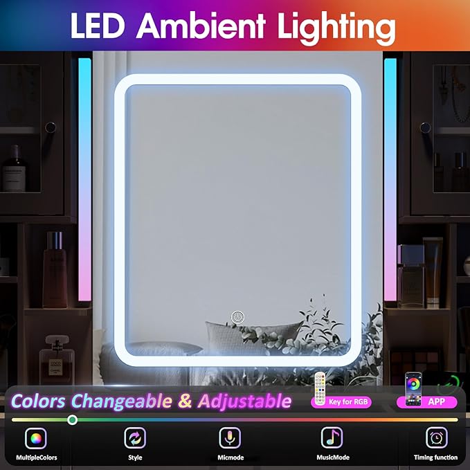 Black Vanity Desk with LED Mirror,Makeup Vanity with Charging Station & RGB Lights,5 Drawers 4 Shelves Makeup Desk Vanity Table Stool Set with Glass Table Top & Time Display Lights