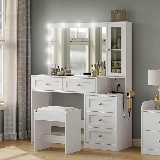 43" W Vanity Desk with Mirror & 11 Lights, 5 Drawer Modern Makeup Desk with Glass top & Cushioned Stool, 3 Lighting Modes Brightness Adjustable,Power Outlet,Bedroom，White