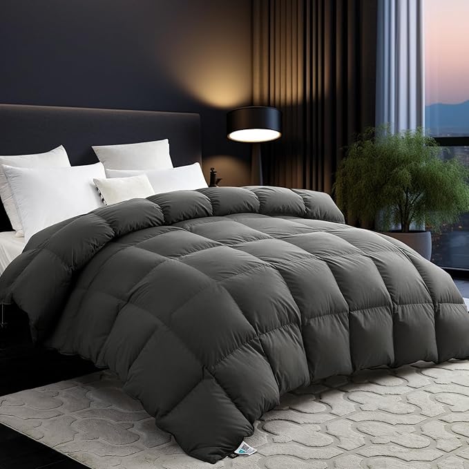 L LOVSOUL 75% Goose Down Fiber Comforter Alaskan King Size, 850+ Fill Power Hotel Style Bedding Comforter, 1200TC, Fluffy Ultra Soft All Season Grey Duvet Insert with 8 Corner Tabs