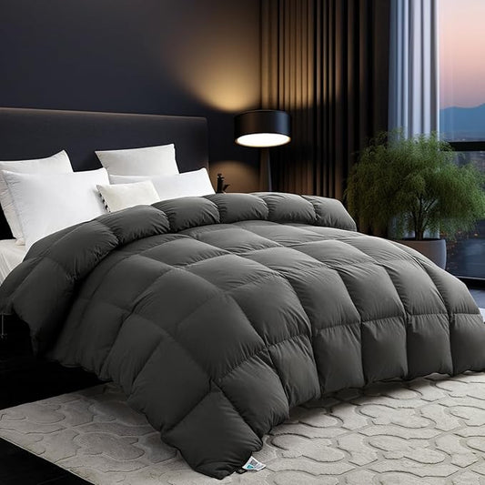 L LOVSOUL 75% Goose Down Fiber Comforter Twin Size, 850+ Fill Power Hotel Style Bedding Comforter, 1200TC, Fluffy Ultra Soft All Season Grey Duvet Insert with 8 Corner Tabs