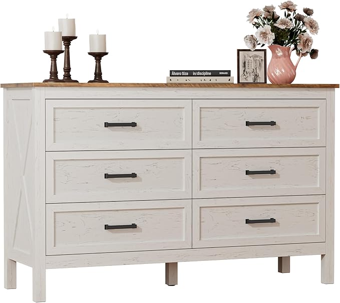 LYNSOM Farmhouse 6 Drawers Dresser for Bedroom, Wood Rustic Wide Chest of Drawers with Deep Drawers, Metal Handle, Storage Dressers Organizer for Entryway, Hallway, Antique White