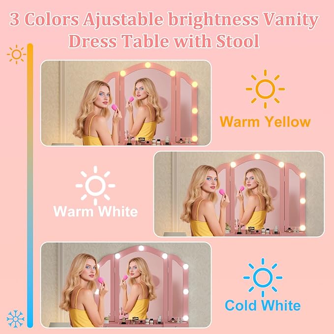 Pink Makeup Vanity Desk with Mirror Lights, Vanity Desk with Lights and Mirror, Makeup Vanity with Drawers and Kids Vanity