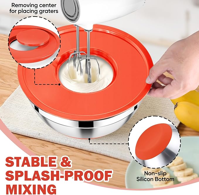 E-far Mixing Bowls with Lid Set, 25PCS Stainless Steel Nesting Prep Bowls with Grater Attachments Utensils Non-Slip Bottoms for Cooking, Baking, Serving, Food Storage, 4.6/2.6/2/1.5/1/0.7QT - Red