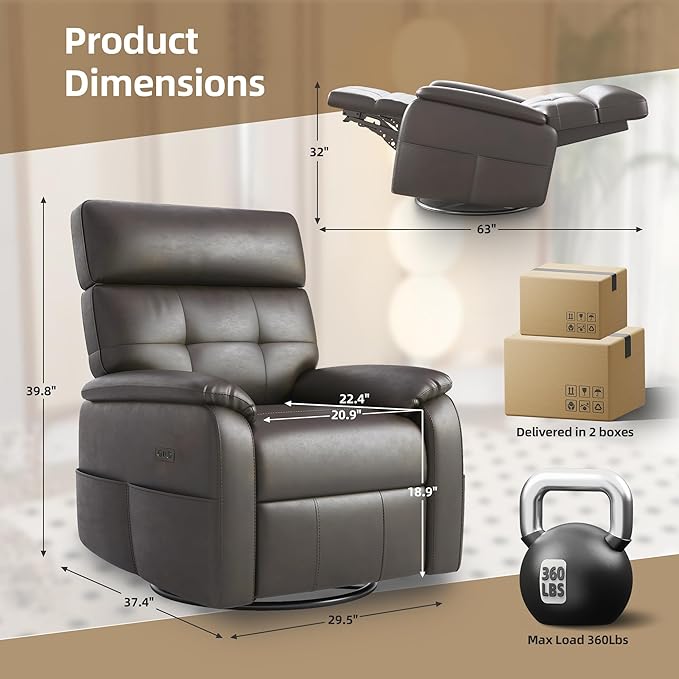 Claiks Power Swivel Rocker Recliner Chair, Oversized Recliner Chairs for Adults, PU Leather Overstuffed Reclining Chair with USB and Type-C Ports for Living Room, Dark Brown