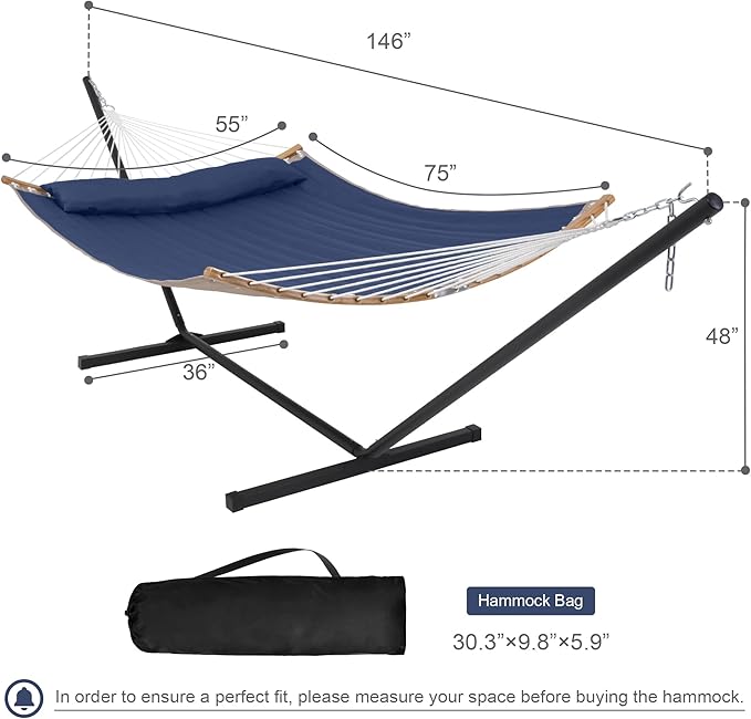 2 Person Hammock with Stand Included, Outdoor Hammock with Curved Spreader Bar, Pillow and Carrying Bag, 450 Lbs Capacity, Navy Blue