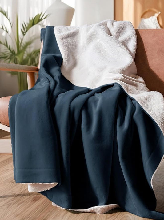 Sherpa Fleece Blanket Twin Size - Reversible Sherpa Fleece Twin Blanket - Super Soft, Double Sided for Bed, Sofa, Couch - Thick, Warm, Fuzzy and Plush - Luxurious Bedding for Winter - Navy, 60" x 80"