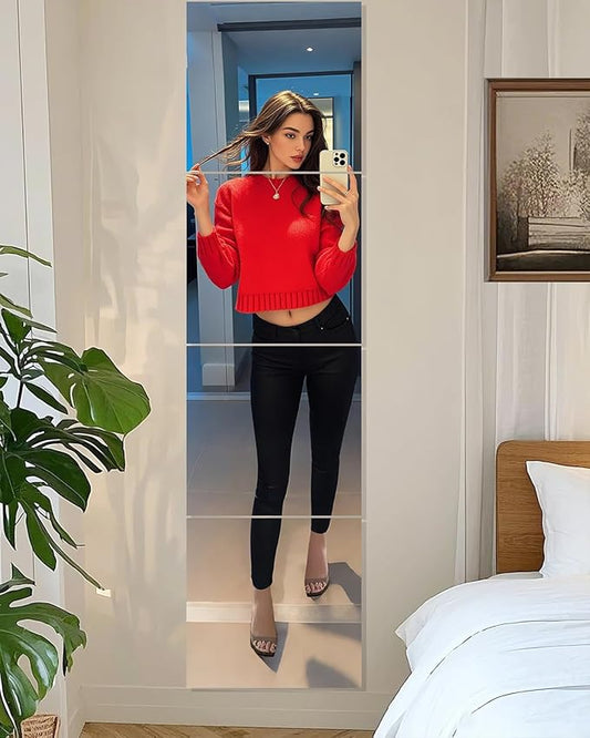 Glass Wall Mirror Tiles 12" x 12" Frameless Full Length Mirror Wall Mounted Full Body Mirrors for Bedroom Home Gym Door Bathroom (4PCS)