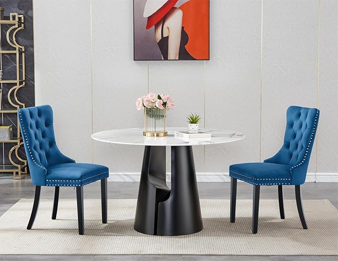 3-Piece Faux Marble Round Dining Table Set for 2, Modern Luxury Kitchen Table Set for 2 with Blue Tufted Chairs,Circle Dining Tables with White Marble Grain Top and Black Pedestal Base