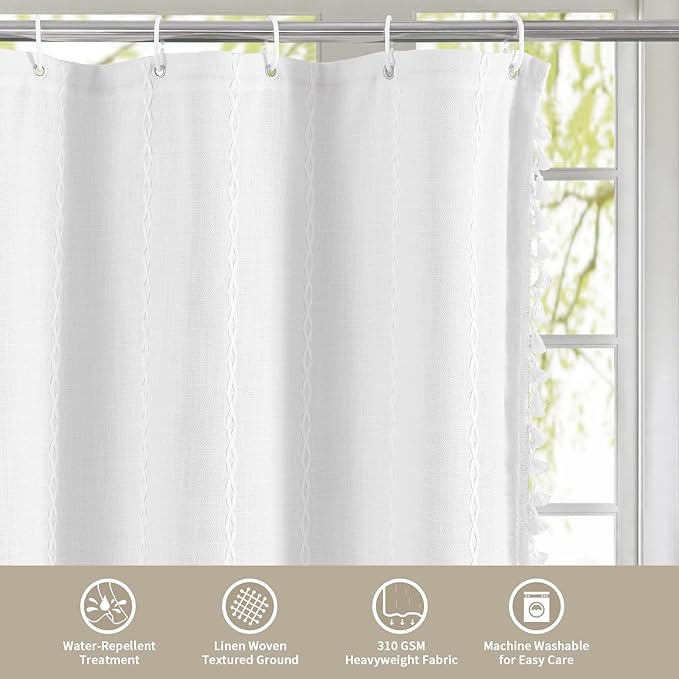MitoVilla White Boho Farmhouse Small Stall Shower Curtain Set 36 x 72, Half Size Narrow Polyester Linen Fabric Shower Curtains for Farmhouse Bathroom Decor, White