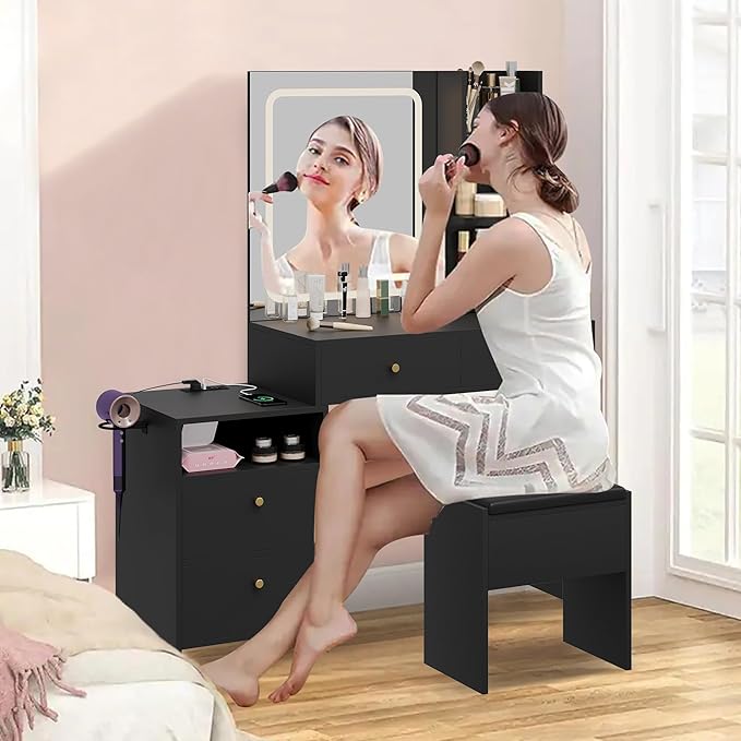 HAOBO Home Makeup Vanity Desk with Charging Station, Makeup Dressing Table with Mirror and Lights for Bedroom, Dressing Room