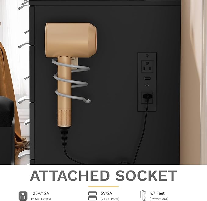 DWVO Makeup Vanity with Large Mirror and Lights, 46" Vanity Desk Dressing Table Set with 11 Drawers & Storage Stool, Dressing Table with Power Outlet and Magnifying Glass, Dressing Room, Black