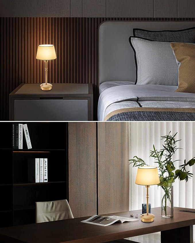 UMEXUS Cordless Lamp Rechargeable Table Lamps, 5000mAh Battery Operated Lights, 3 Level Brightness Dimmable, Portable Night Bedside Light for Patio, Restaurant, Dining, Fabric Shade, Antique Brass