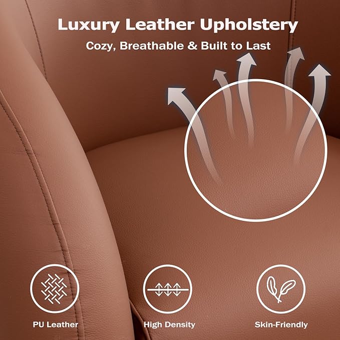 34.6" W Swivel Accent Chair, Modern Round Faux Leather Armchair for Living Room,Upholstered Comfy Sofa Chairs for Bedroom Reading Apartment Lounge,Fully Assembled(Brown)