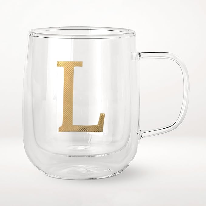 COLLECTIVE HOME - Double Walled Glass Coffee Mugs, Insulated Coffee Mug with Handle, Personalized Gifts for Women, Men, Christmas, 14 oz Monogram Cups (L)