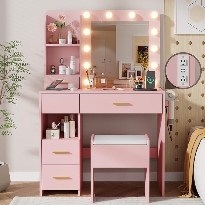 Vanity Desk with LED Lighted Mirror&Power Outlet, 3 Lighting Colors Makeup Vanity Desk with 5 Large Drawers and 3 Storage Shelves, Pink Vanity with Storage Stool for Bedroom